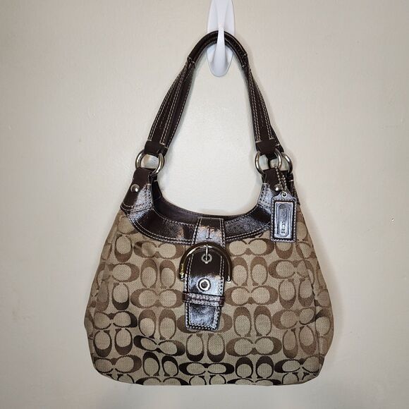 Vintage COACH SOHO SIGNATURE HOBO F17094 Khaki Mahogany Patent Leather Bag RARE - Picture 13 of 13